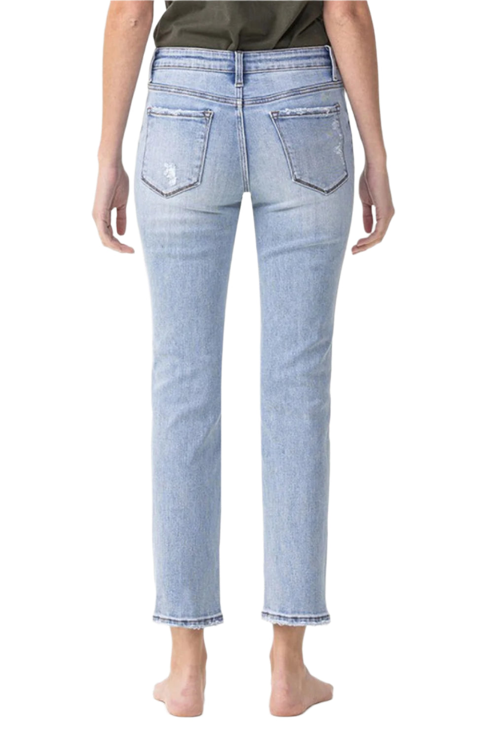 Light-blue midrise straight crop jeans back view, two back pockets, cropped ankle hem