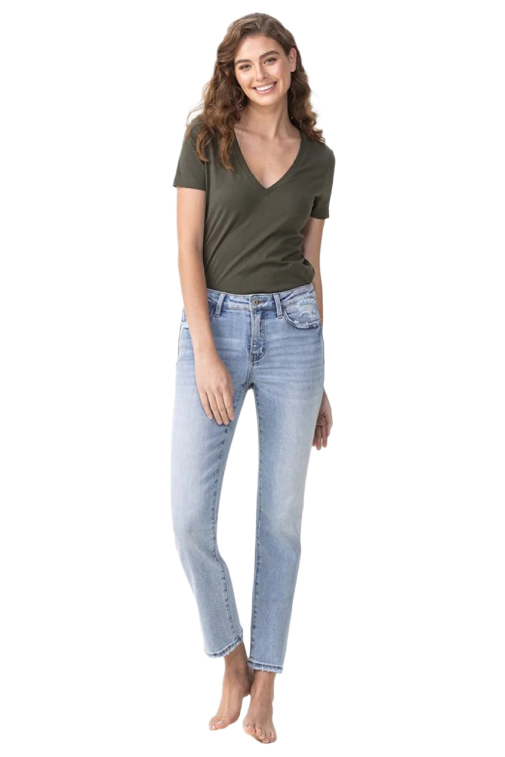 Hudson light-blue straight crop jeans, midrise, five-pocket front 3/4 angle
