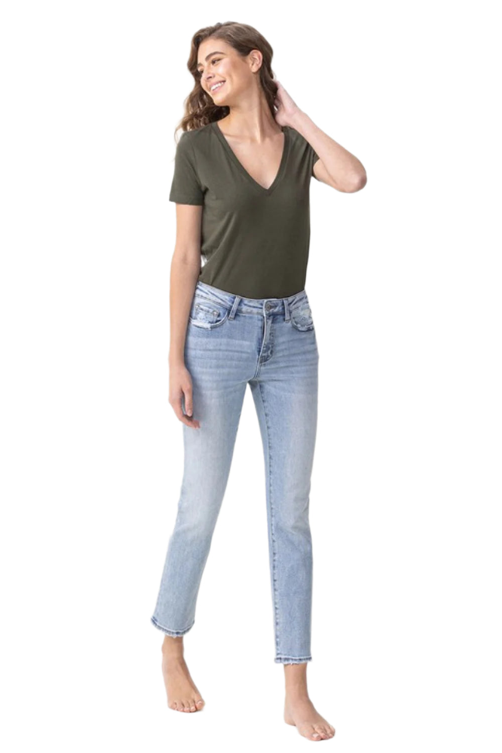 Light-blue midrise straight crop jeans, size 13, five-pocket front view