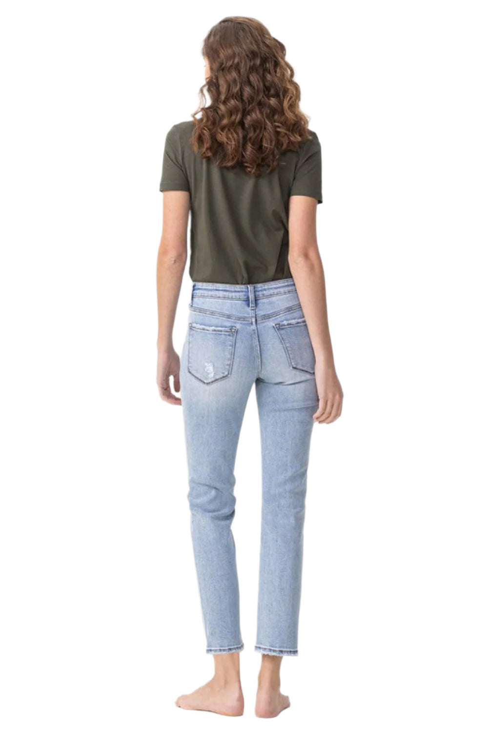 Light-blue midrise straight crop jeans, back view with waistband and back pockets