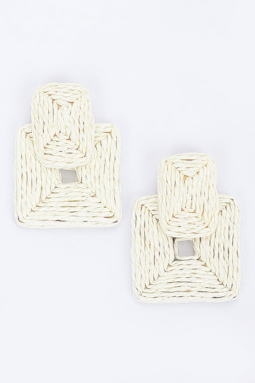 Ivory paper earrings, square cutout and rope-textured stacked shape