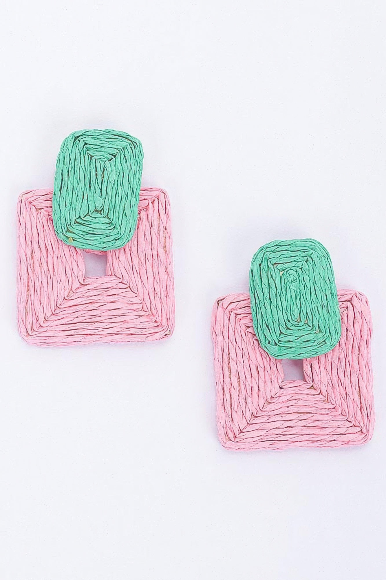 Pink and green paper earrings, stacked square shapes with central square cutouts