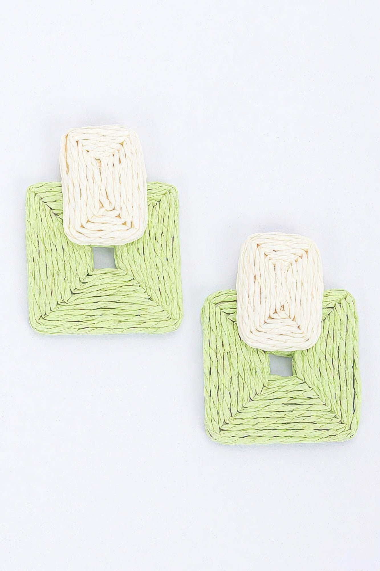 Green and ivory paper earrings, square cutout with crinkled paper rope texture