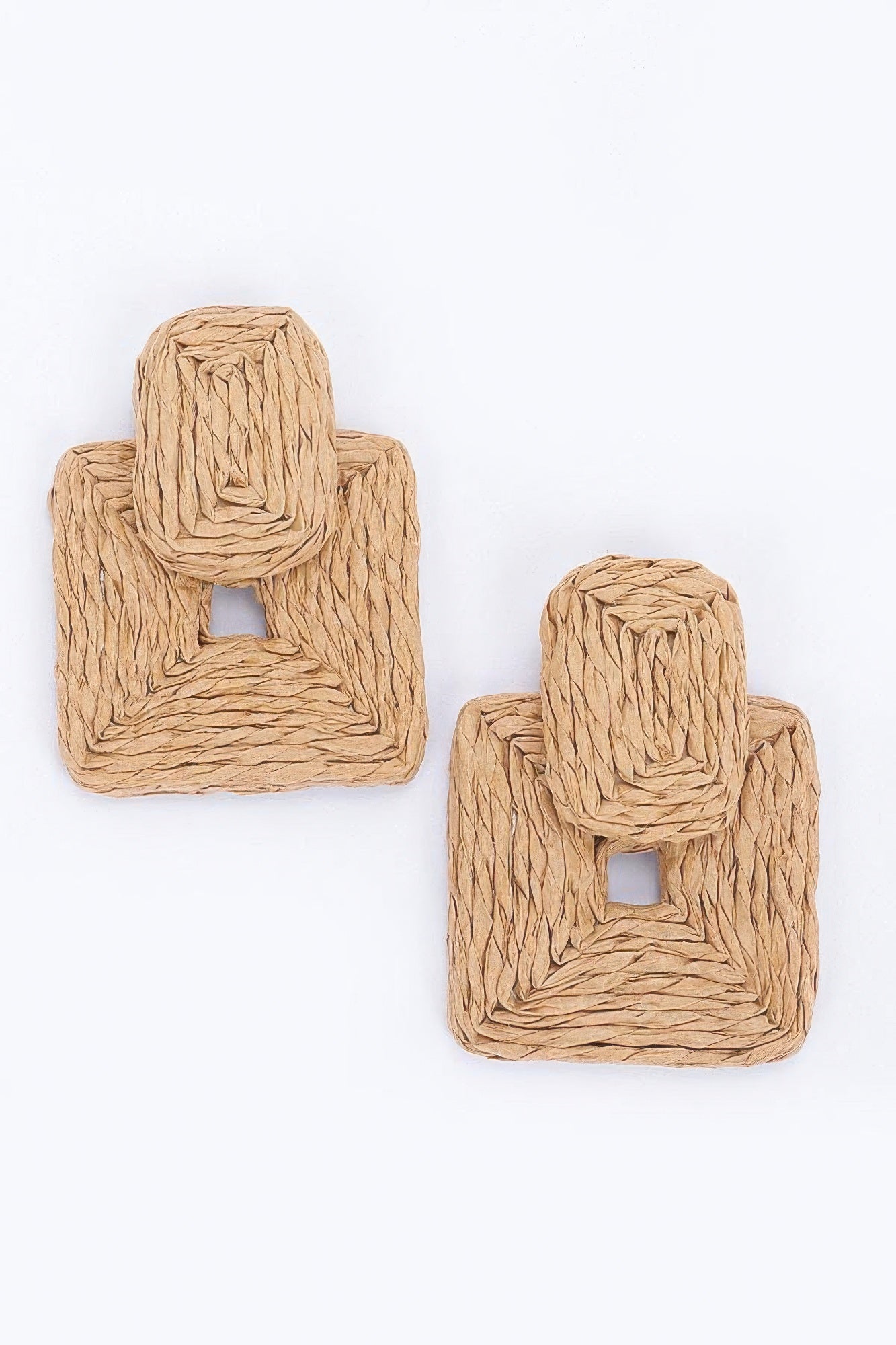 Khaki paper earrings, stacked square shape with central square cutout, crinkled texture