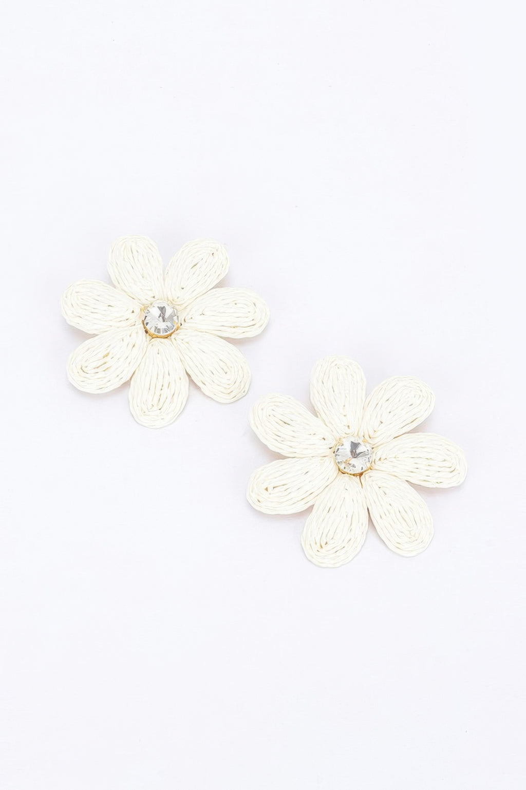 Paper flower rhinestone earrings, ivory fabric petals with central crystal detail