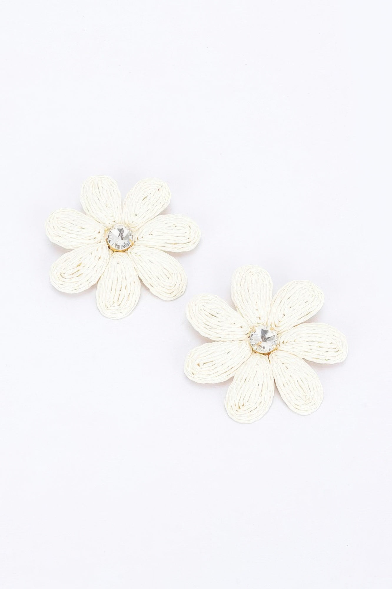 Paper flower rhinestone earrings, ivory fabric petals with central crystal detail