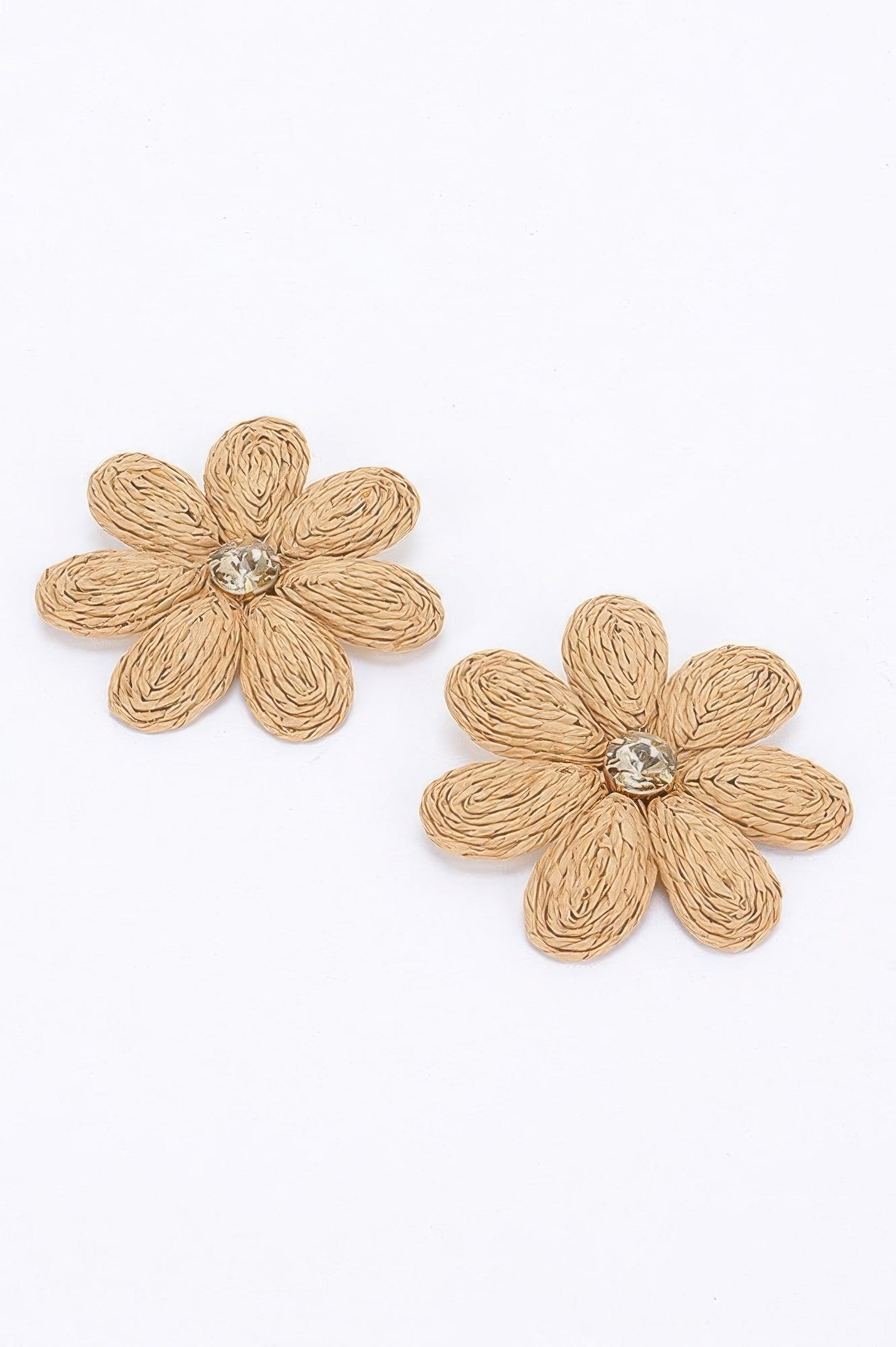 Paper flower rhinestone earrings, khaki fabric petals with central clear crystal