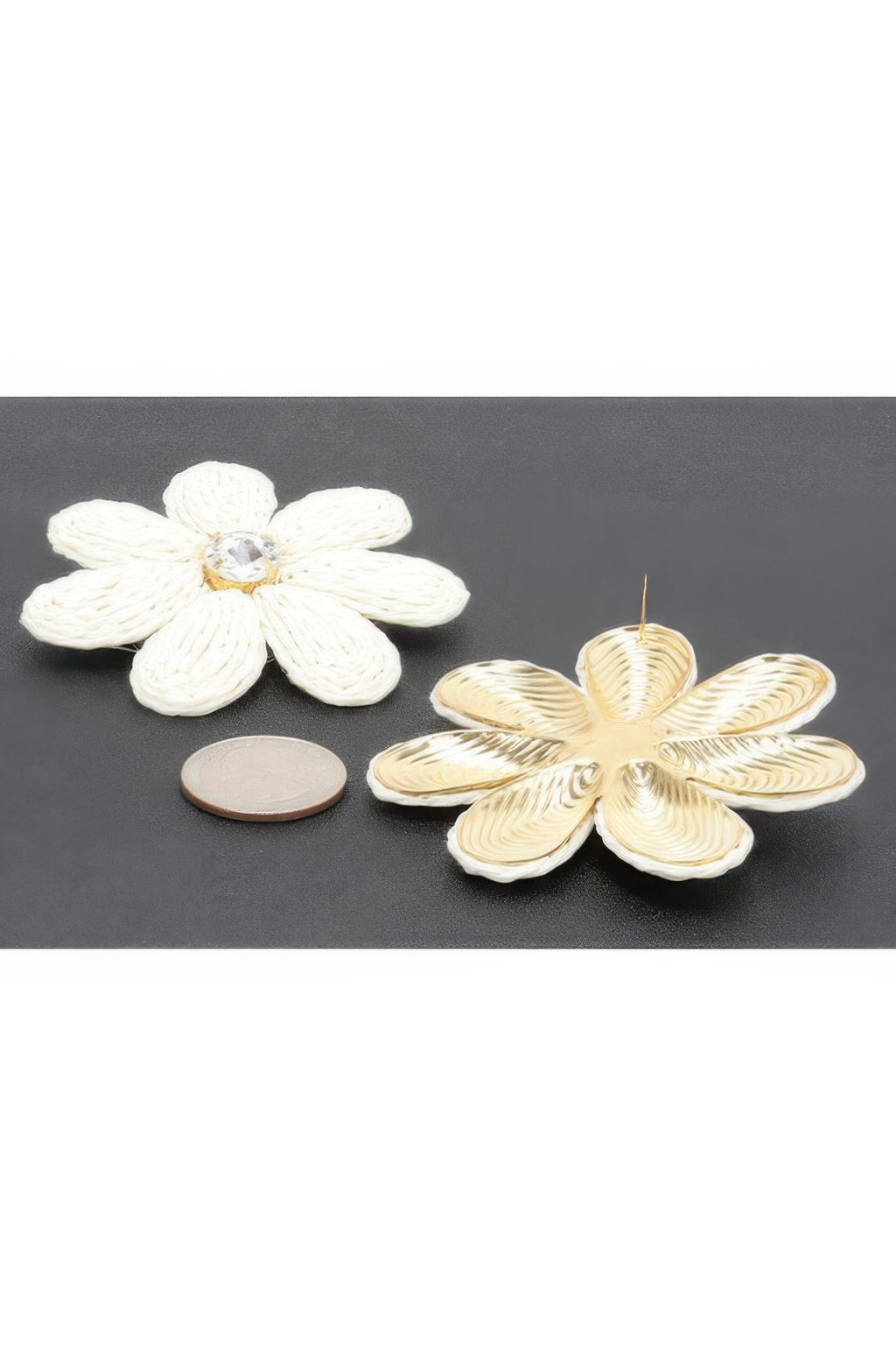 Ivory paper flower rhinestone earrings with gold-tone hook and clear center crystal