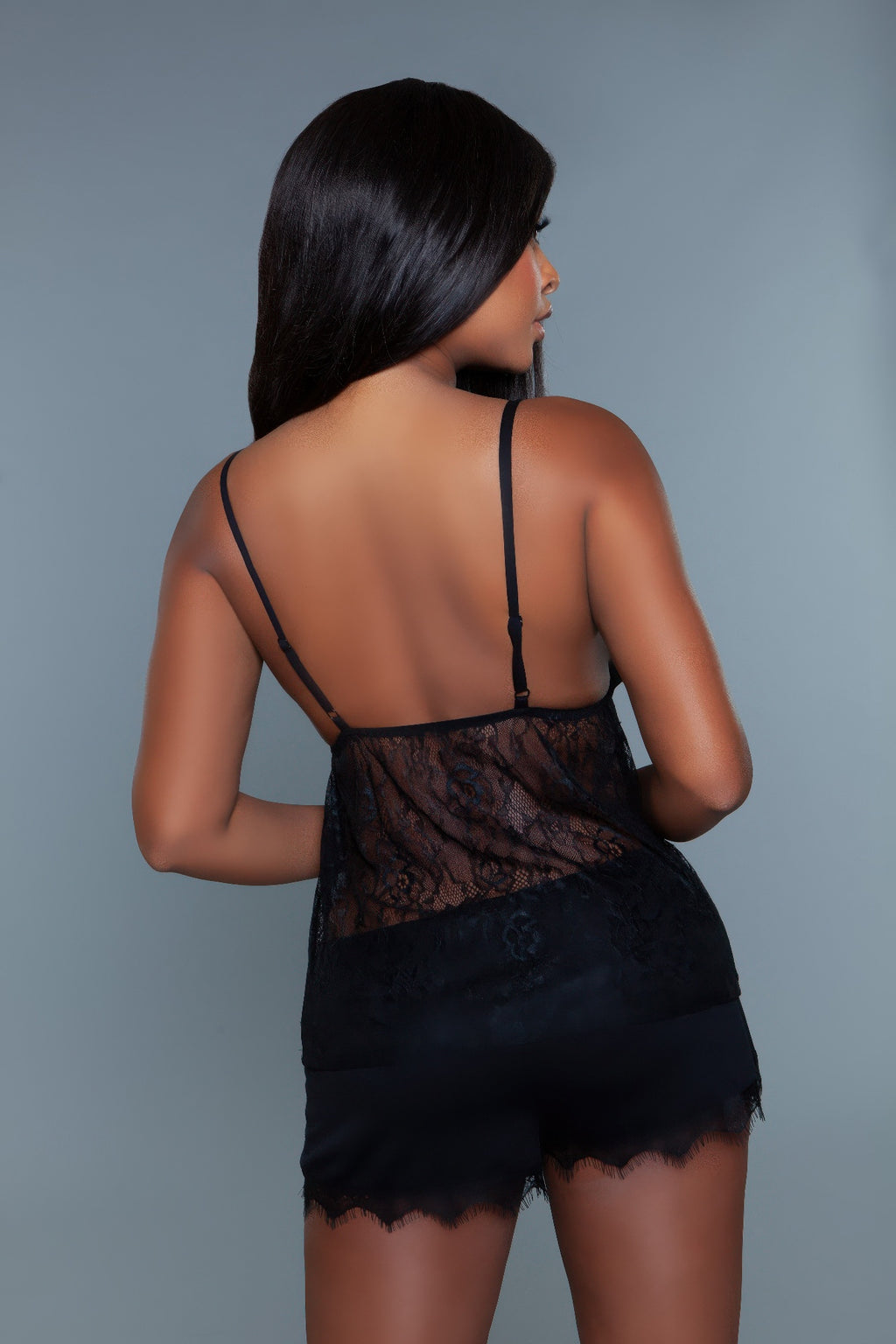 Black Paris Set: back view with adjustable straps, lace panel, and matching shorts