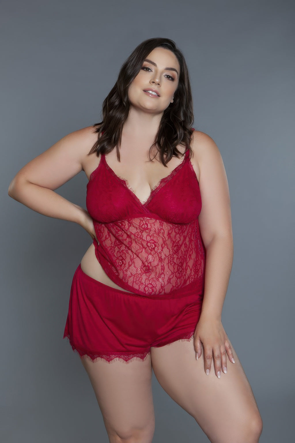 Paris Set Red: lace babydoll camisole with matching shorts and scalloped trim