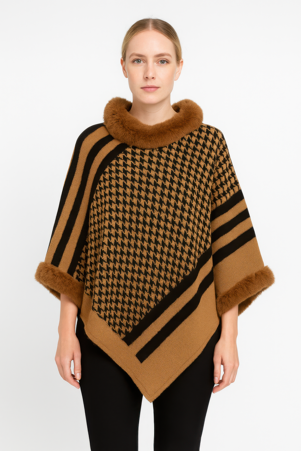 Patterned knit poncho w/ faux fur collar & cuffs, brown houndstooth, striped hem