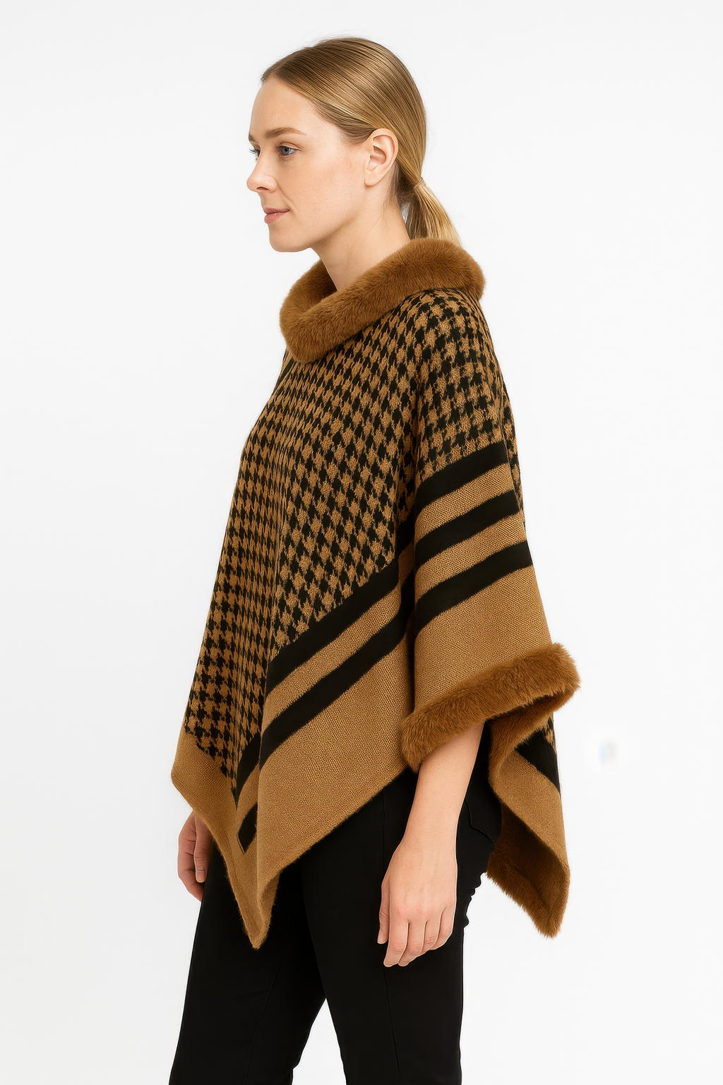 Patterned knit poncho w/ faux fur trim, brown/black houndstooth, wide striped bands