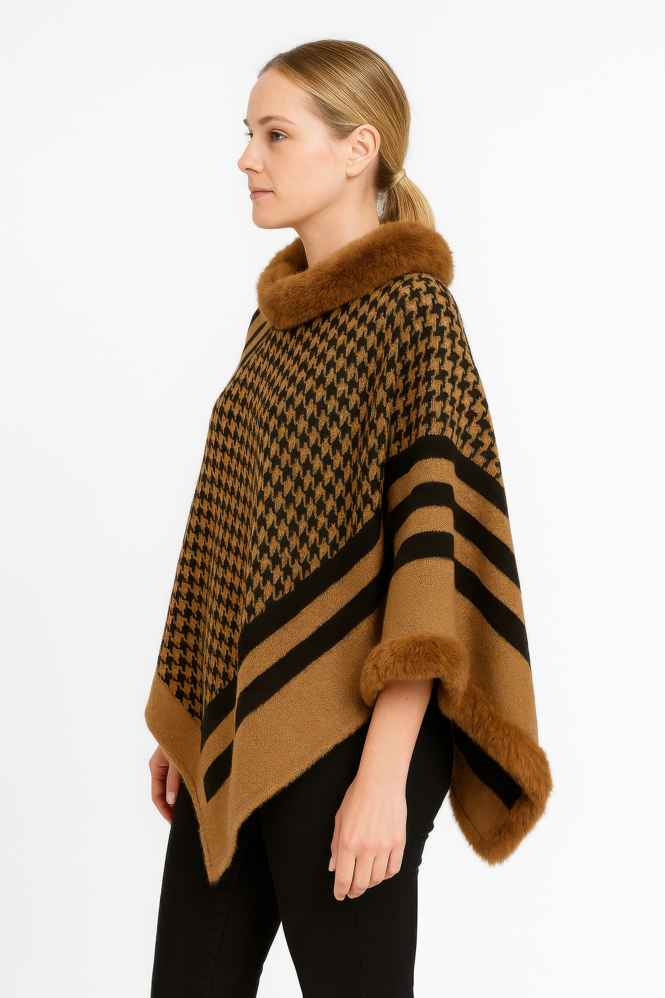 Patterned knit poncho w/ faux fur collar, brown houndstooth body, striped sleeves + hem