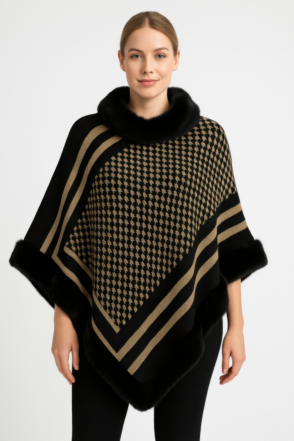 Patterned knit poncho with faux fur trim, black-and-gold houndstooth border