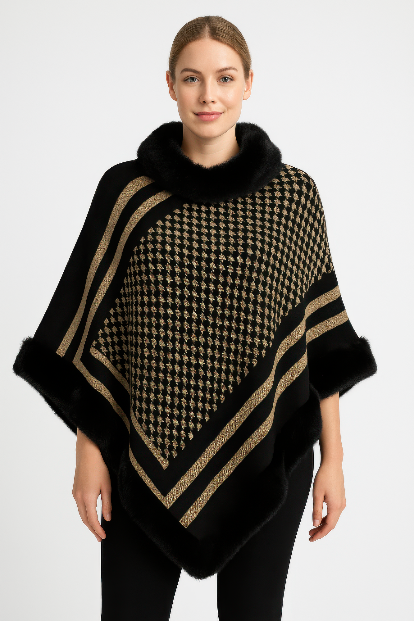 Patterned knit poncho with faux fur trim, black-and-gold houndstooth border