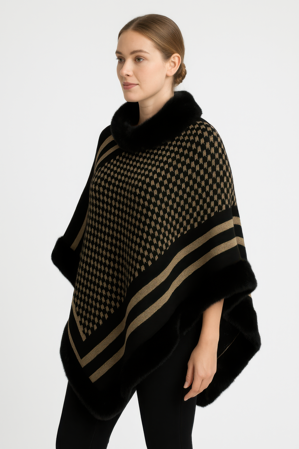 Side view patterned knit poncho, faux fur collar and sleeve cuffs, black/gold