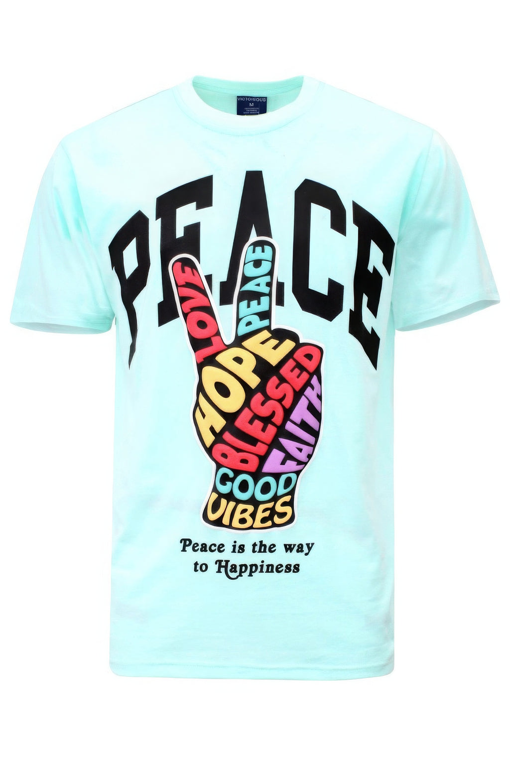 Mint Peace Hand Sign T-Shirt with colorful "Love Peace" graphic