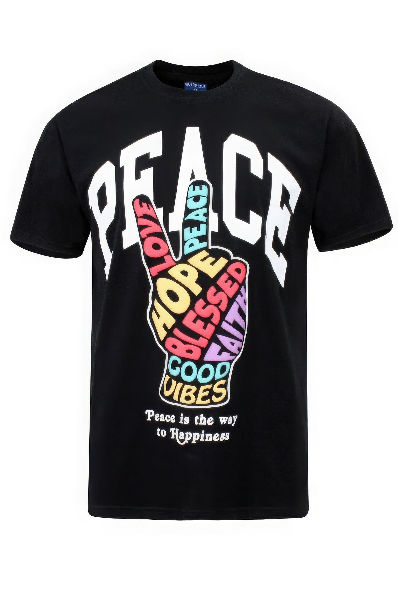 Black Peace Hand Sign T-Shirt, bold white letters around colorful hand graphic