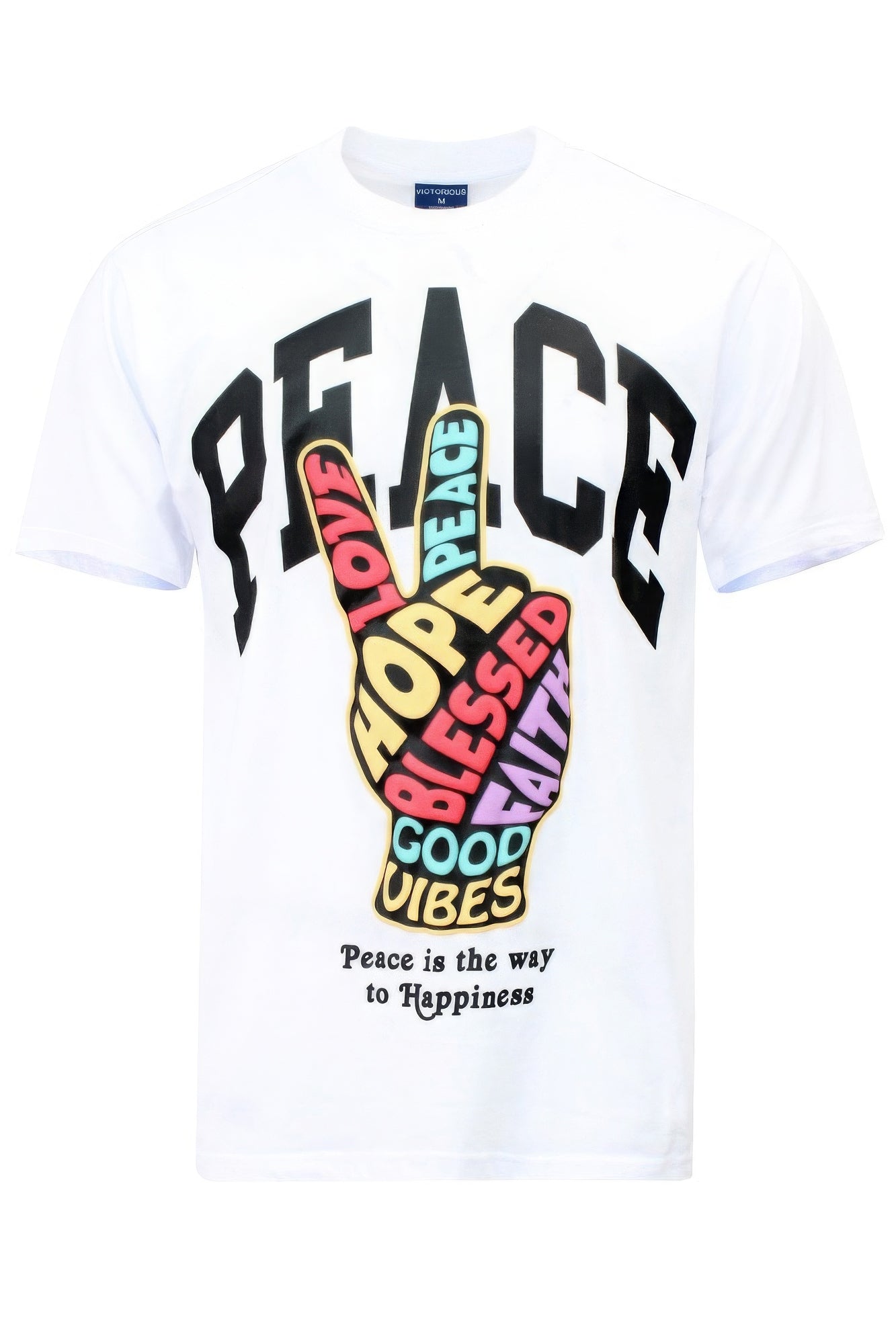 White Peace Hand Sign T-Shirt, black "PEACE" letters and colorful heart-hand design
