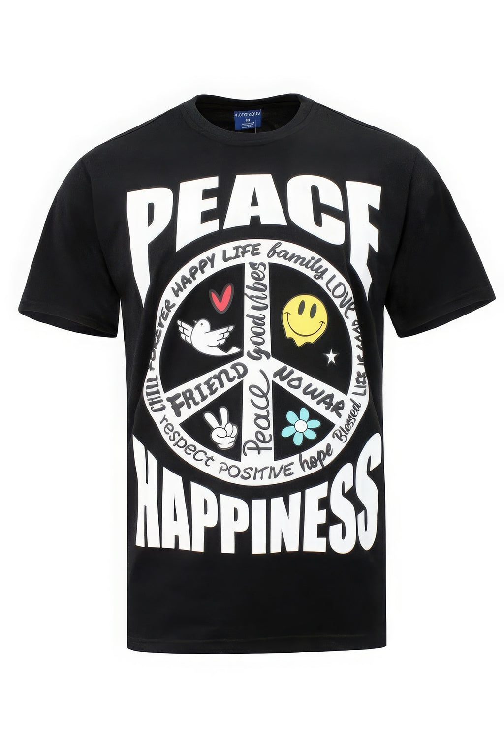 Black Peace Happiness T-shirt with bold front peace and happiness graphic