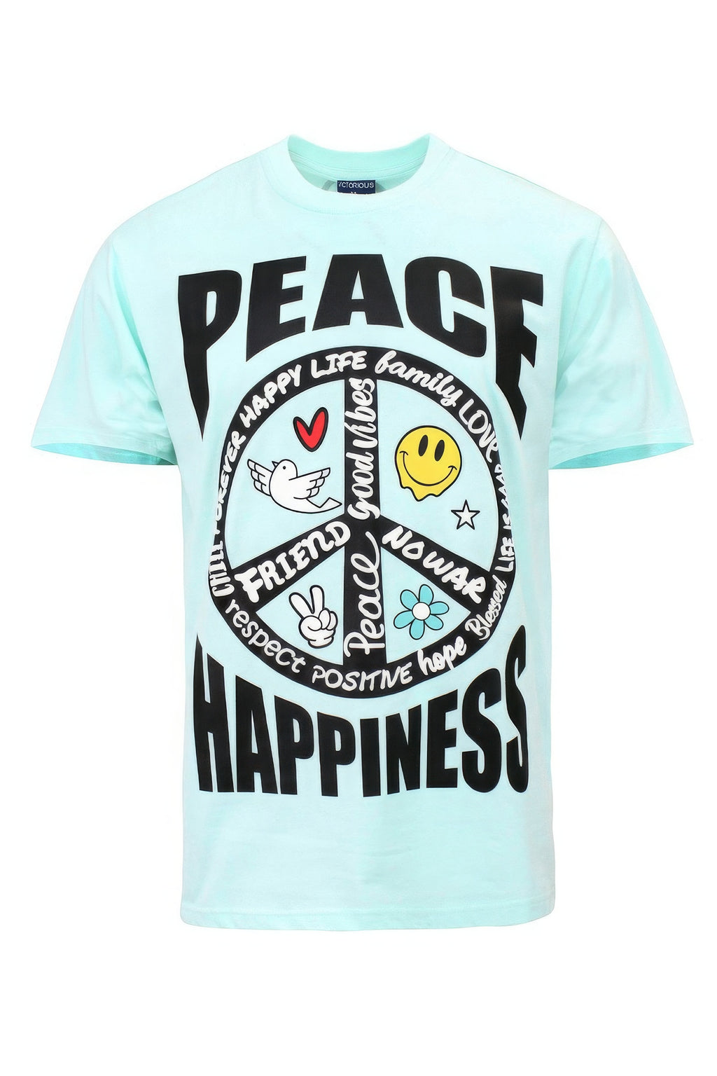 Mint Peace Happiness T-shirt front with large peace and happiness print