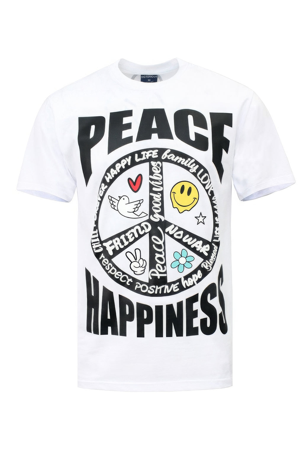 White Peace Happiness T-shirt front with peace and happiness graphic print