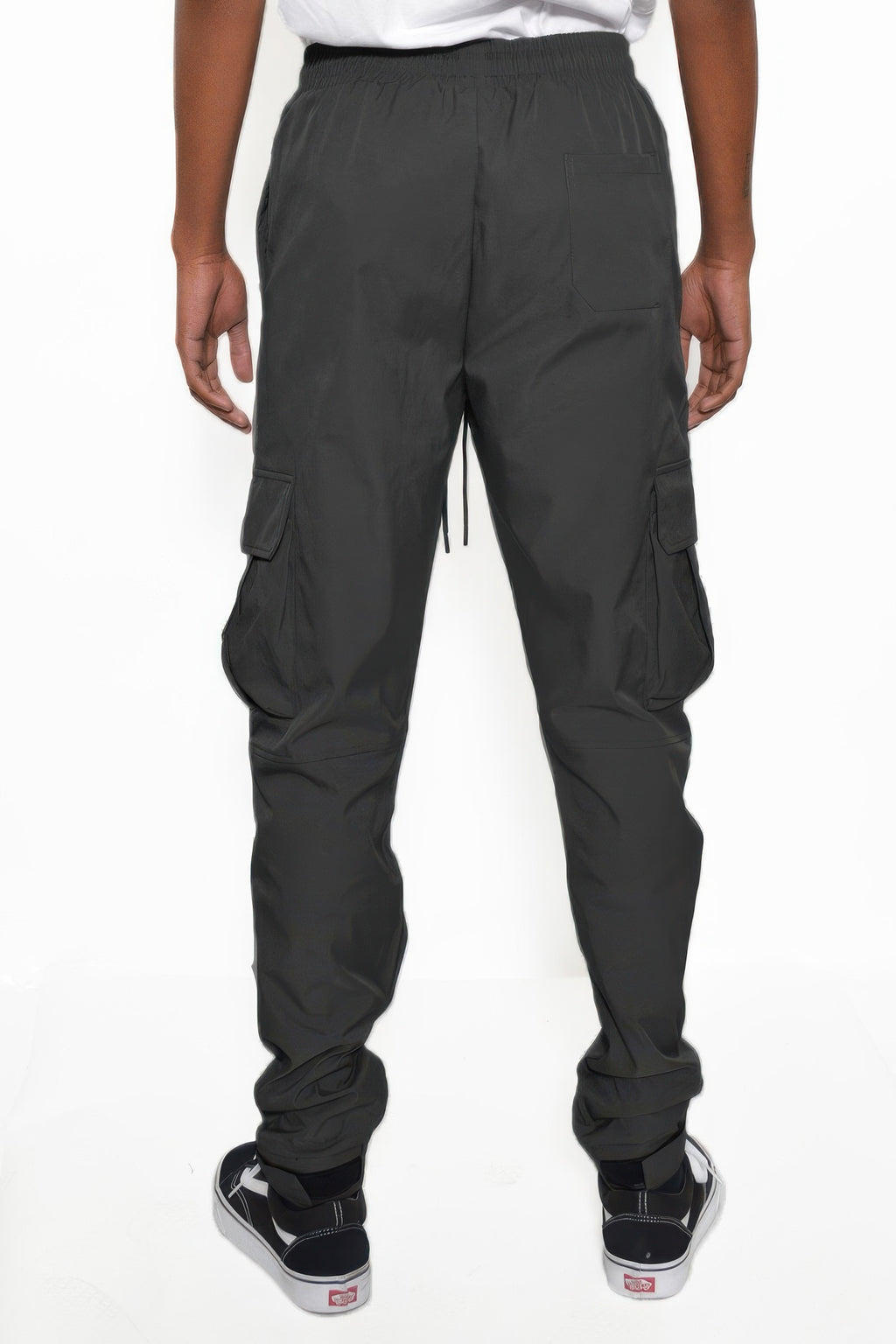 Back view jogger cargo pants, dark gray/black, cargo pockets, drawstring, cuffed hem