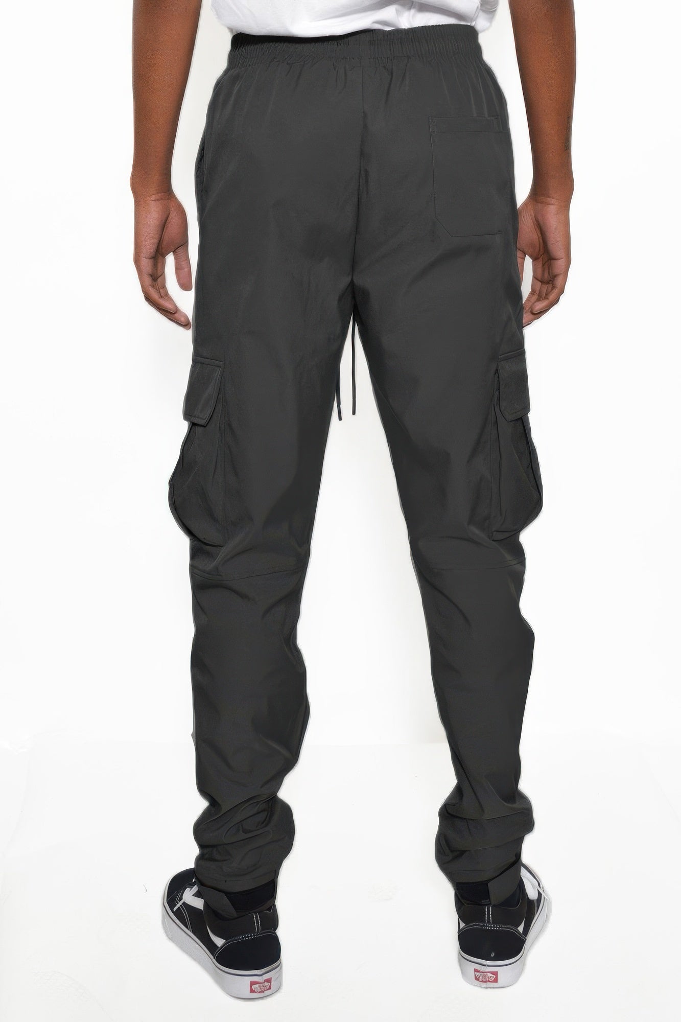 Back view jogger cargo pants, dark gray/black, cargo pockets, drawstring, cuffed hem