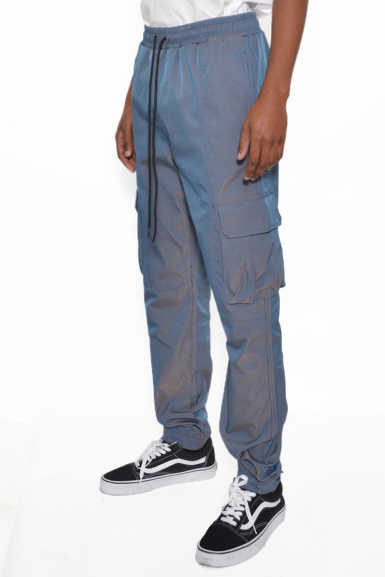 Jogger cargo pants in blue, drawstring waist, side cargo pocket, cuffed ankle