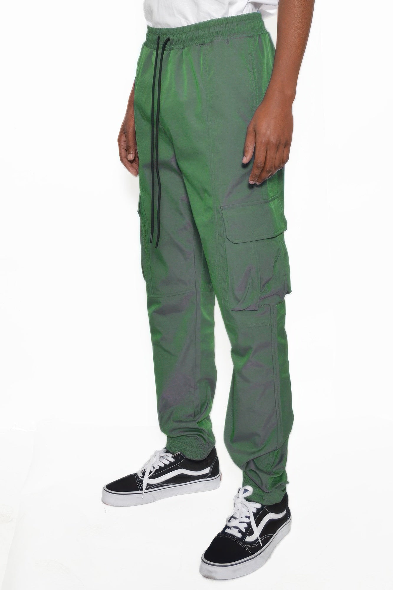Leaf green jogger cargo pants, drawstring waist, cargo pockets, cuffed hem