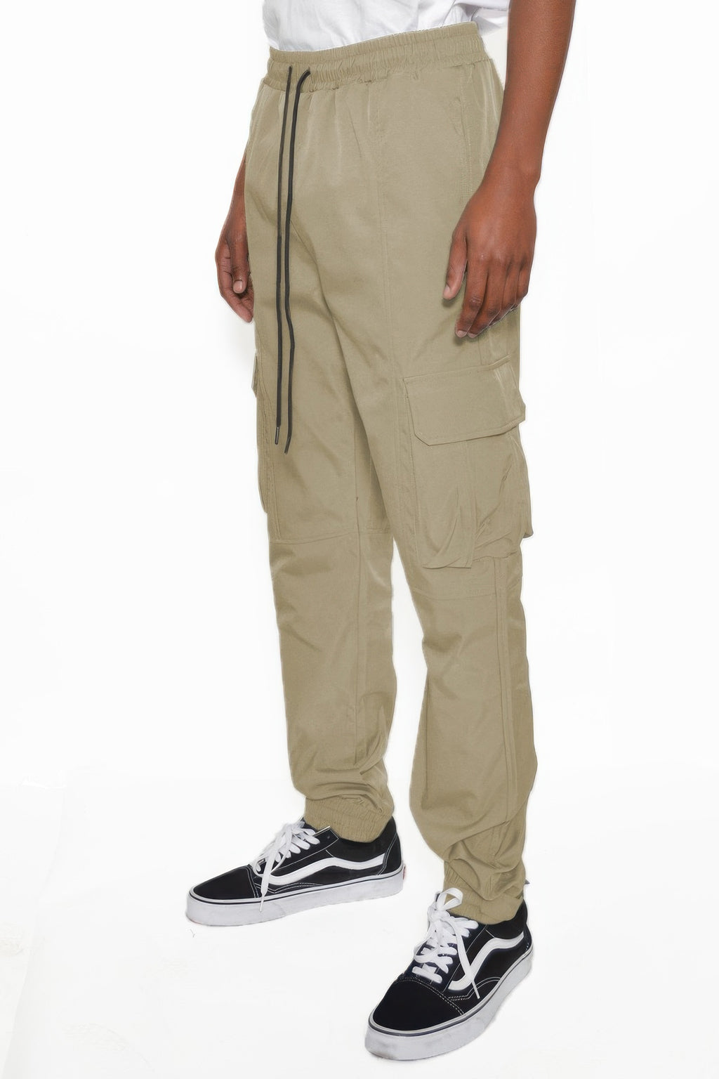 Beige jogger cargo pants with drawstring waist, cargo pocket, cuffed ankle hem