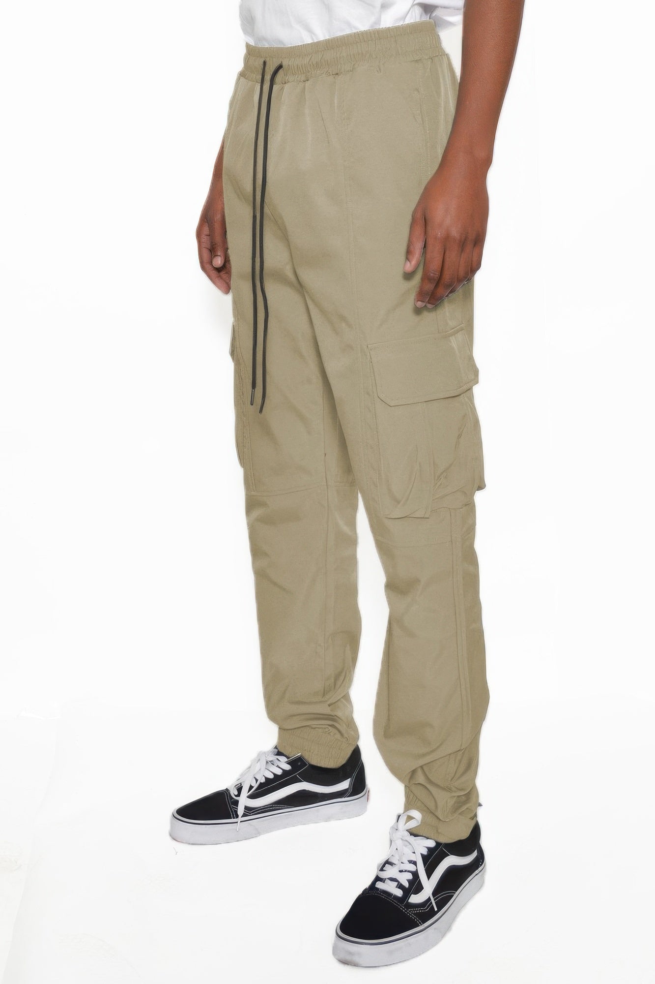Beige jogger cargo pants with drawstring waist, cargo pocket, cuffed ankle hem