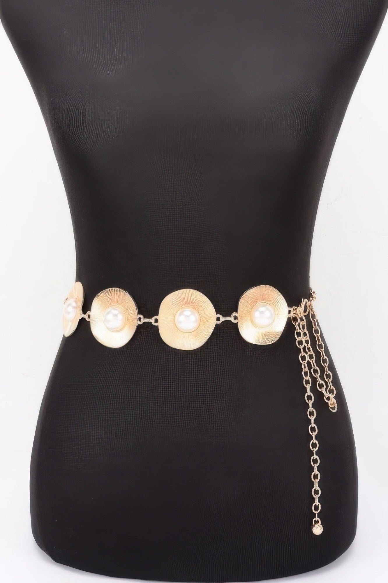Gold pearl accent disc chain belt with three round disc plates at the waist