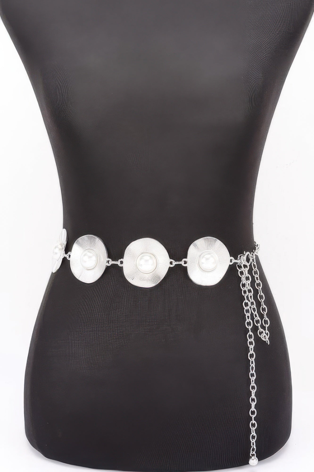 Silver pearl accent disc chain belt with three round discs and hanging chain detail