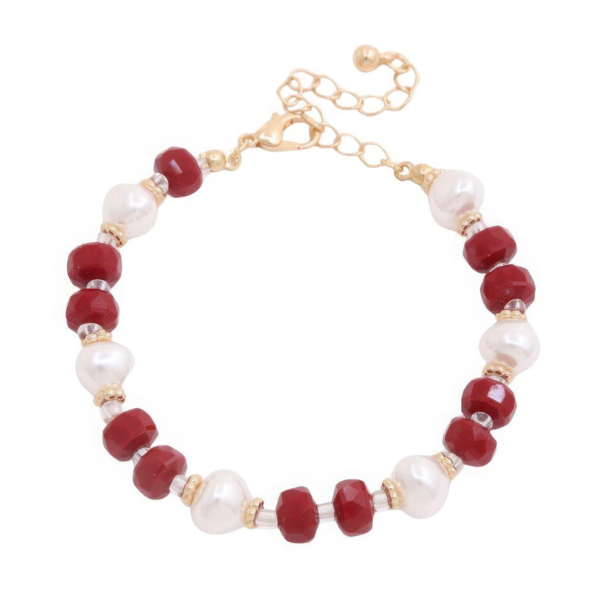 Pearl beaded metal bracelet with burgundy faceted beads, white pearls, gold clasp chain