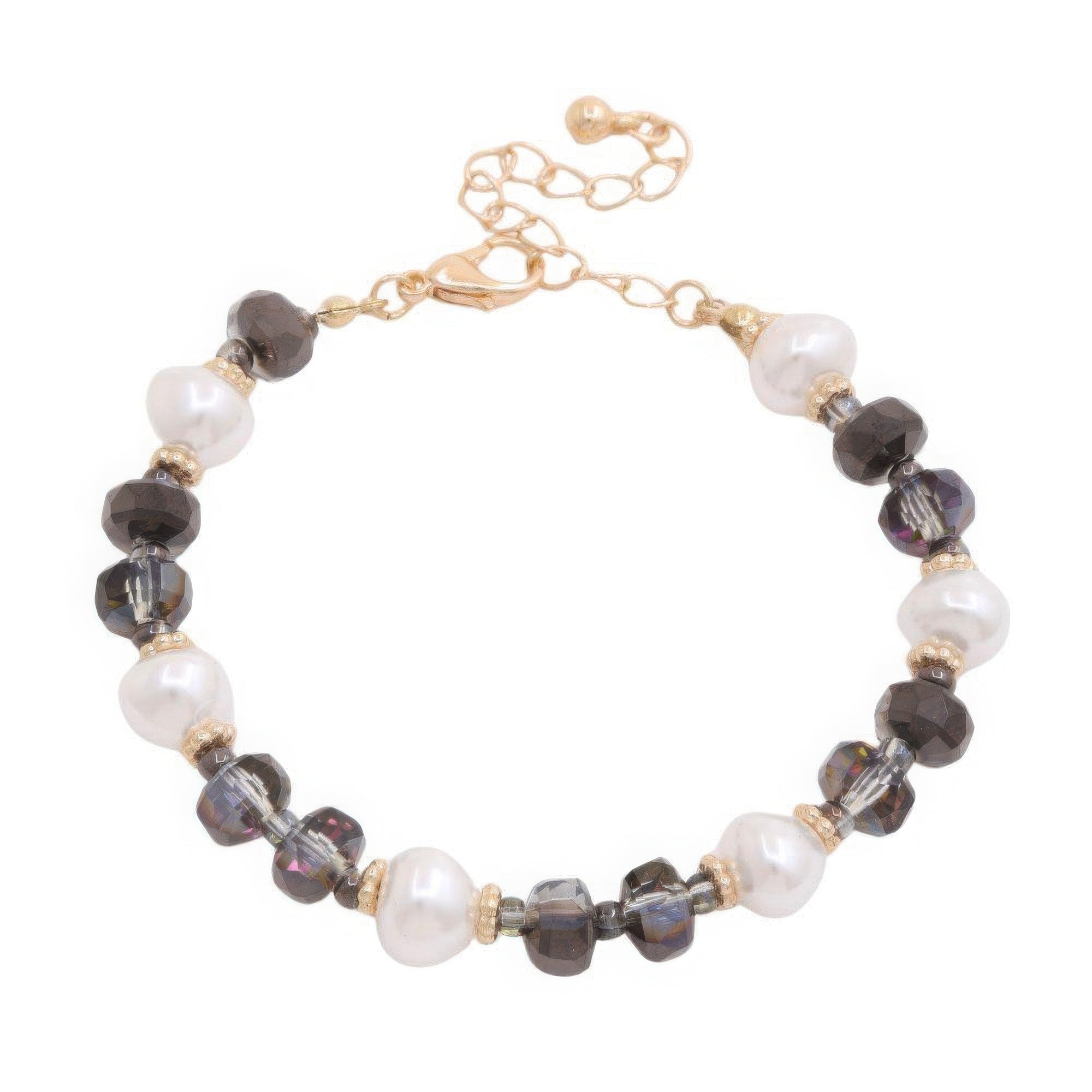 Pearl beaded metal bracelet with dark faceted beads, white pearls, gold chain clasp