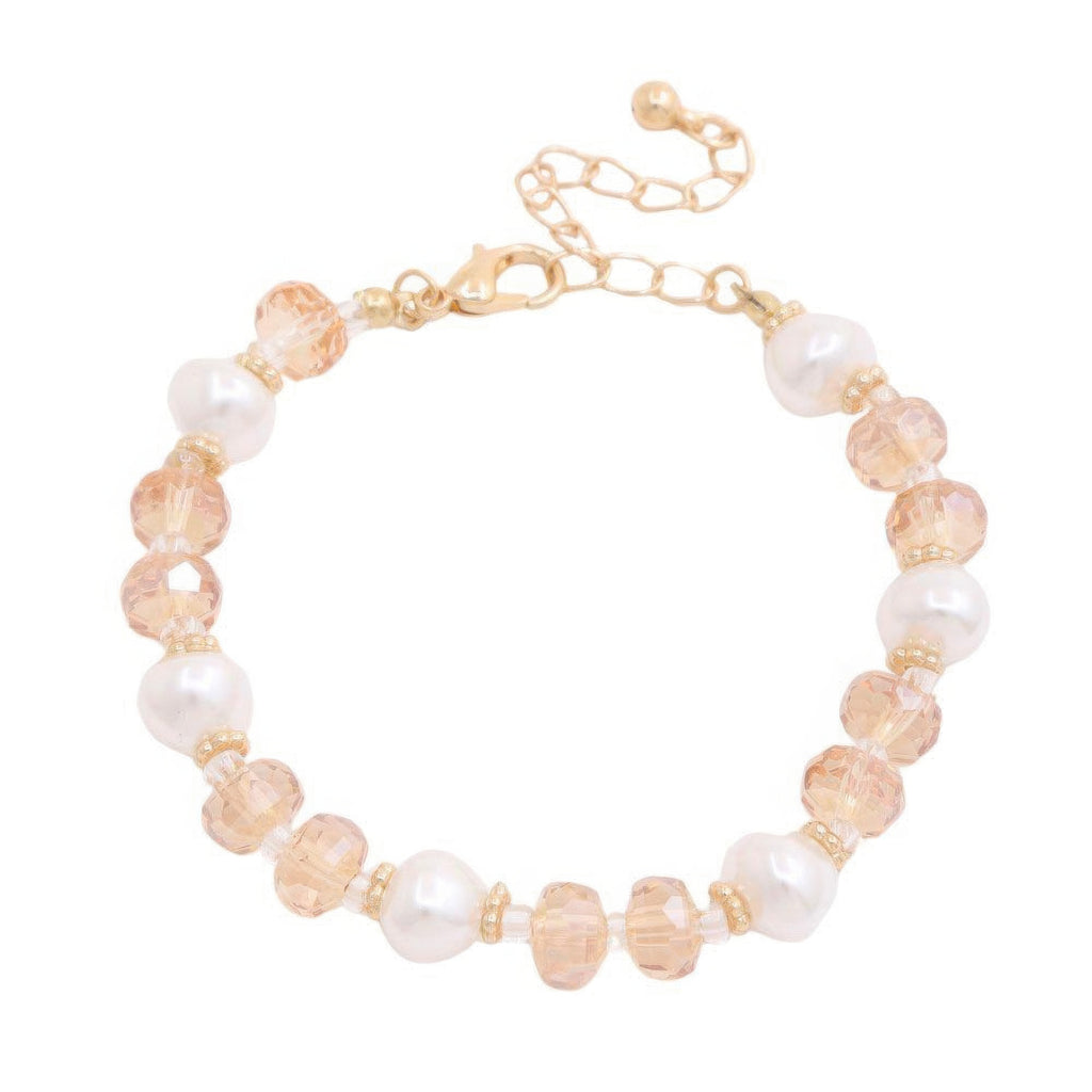 Pearl beaded metal bracelet with champagne faceted beads and white pearls, gold clasp chain