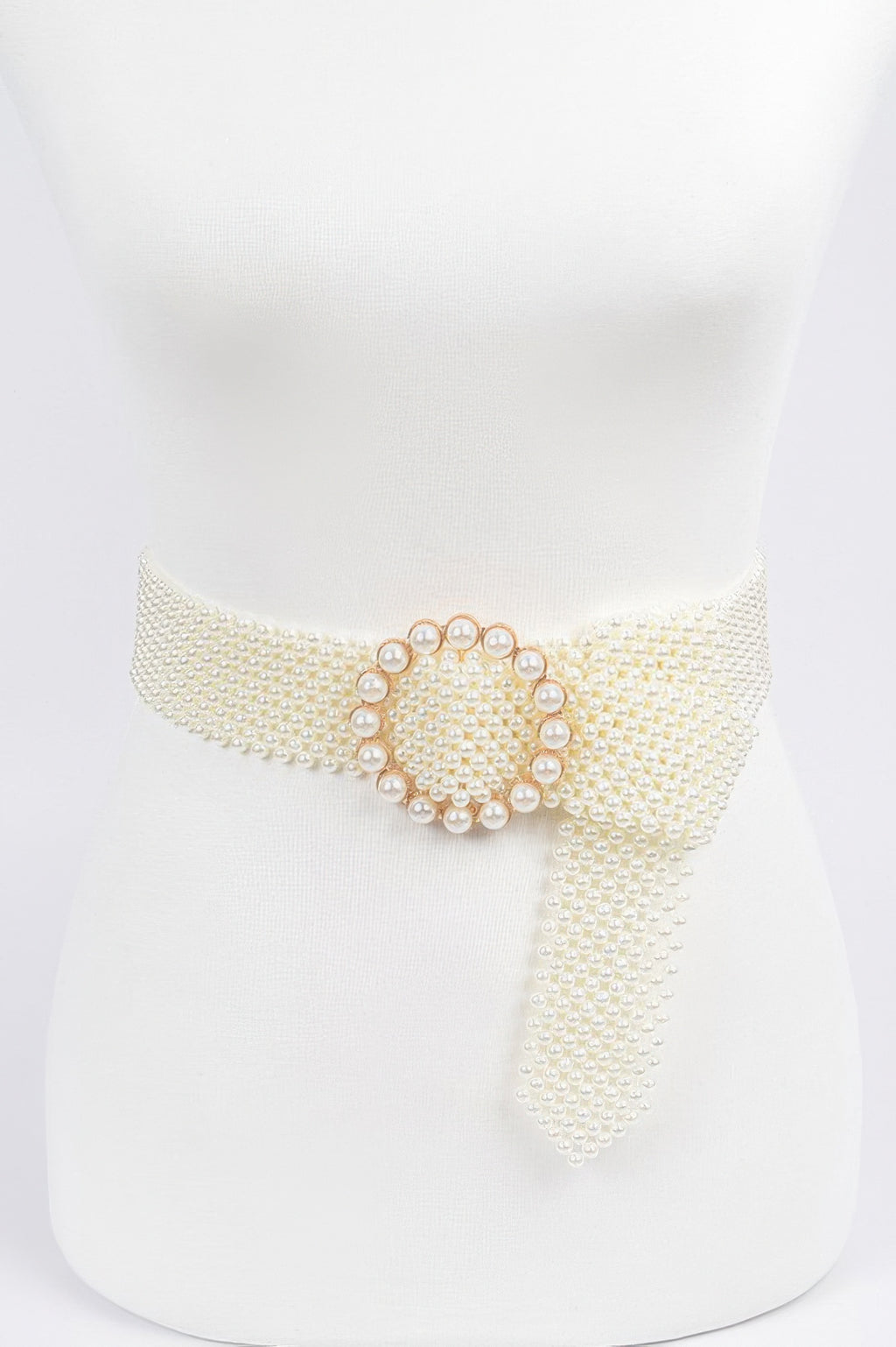 Ivory pearl beaded belt with circular pearl buckle at the front