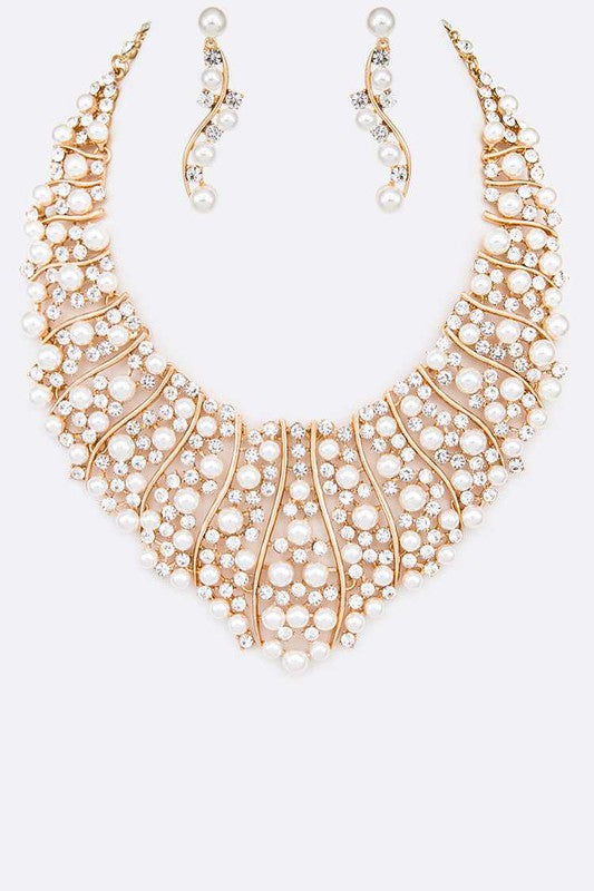Pearl crystal statement bridal necklace set with matching drop earrings