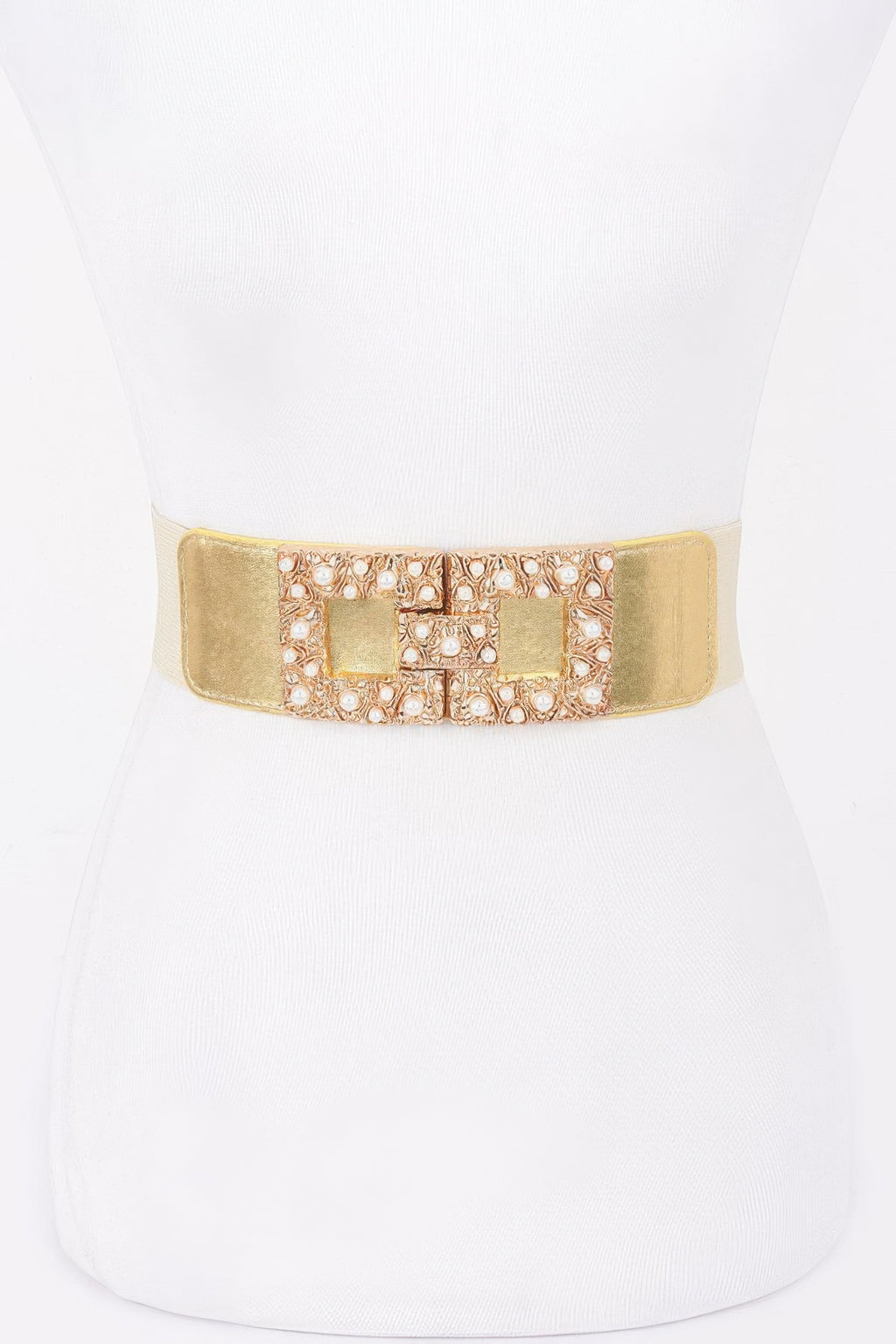 Pearl metal buckle elastic belt, gold with ornate pearl-like trim