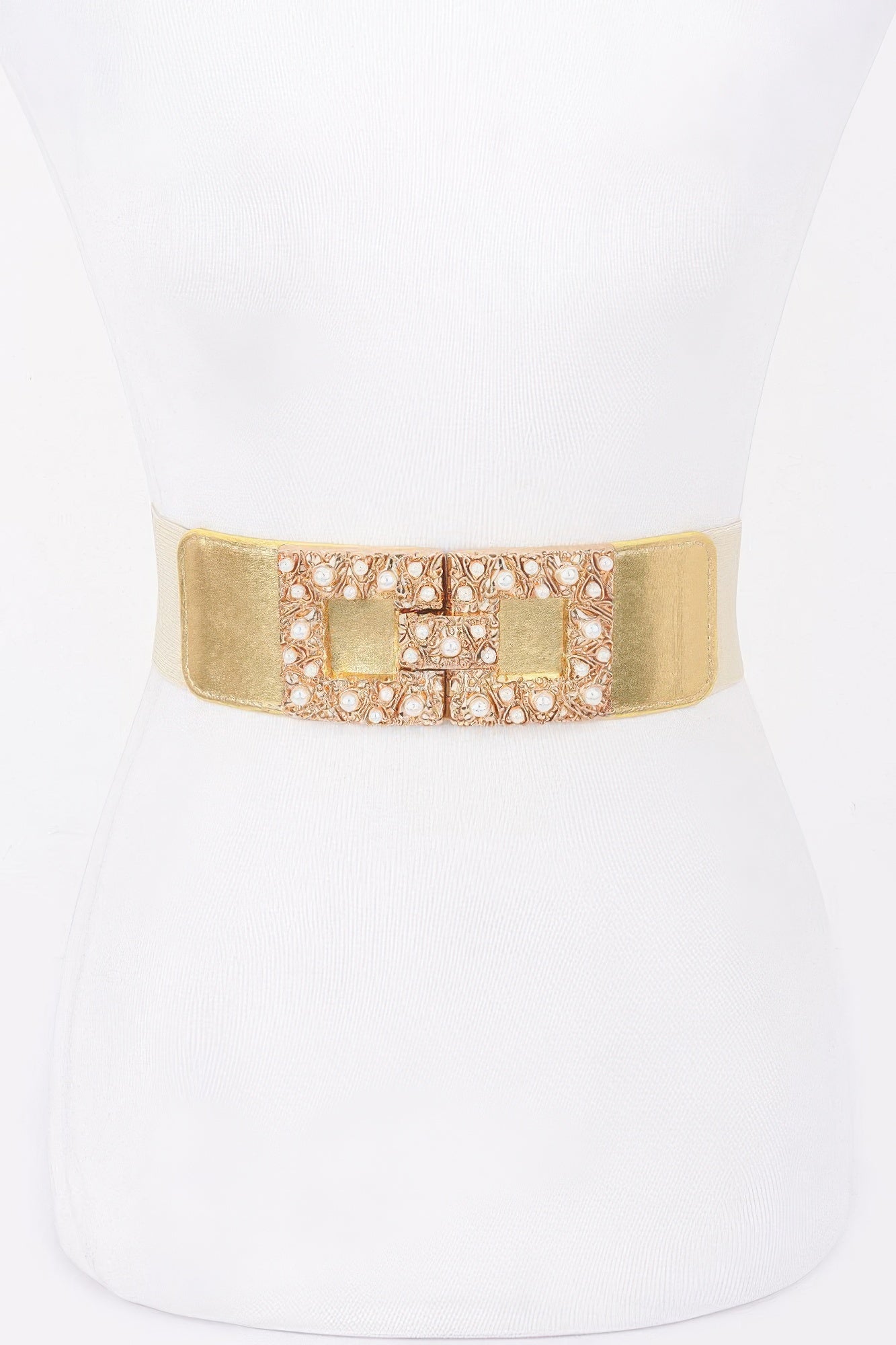 Pearl metal buckle elastic belt, gold with ornate pearl-like trim