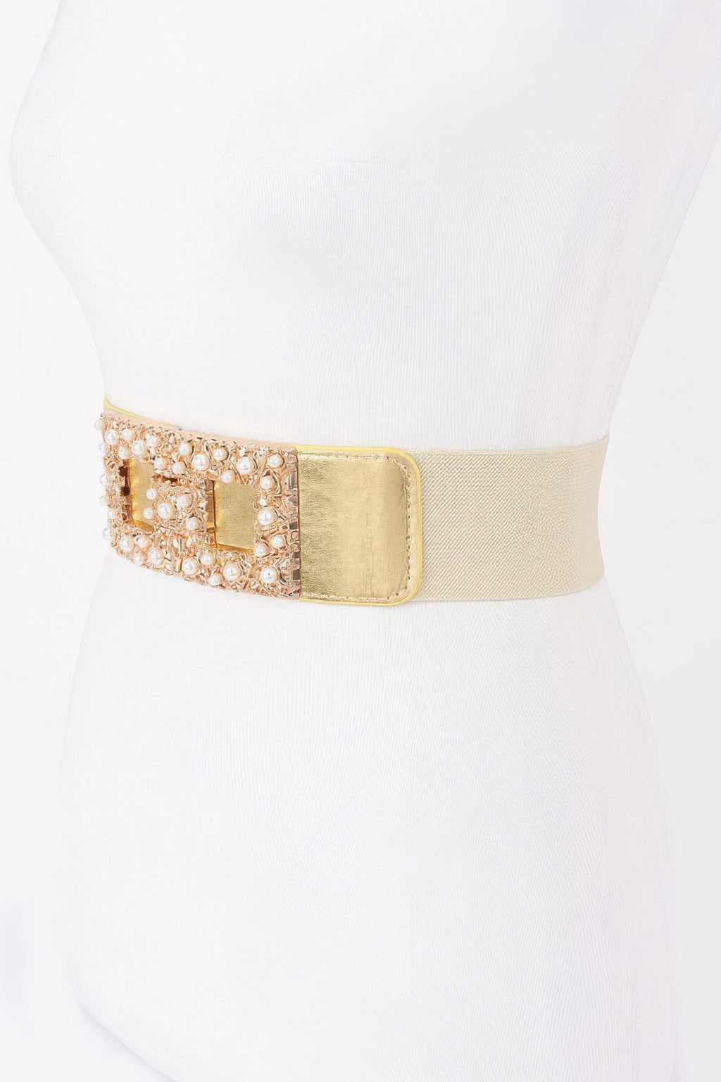 Pearl metal buckle elastic belt, gold-tone buckle with pearl-like embellishments