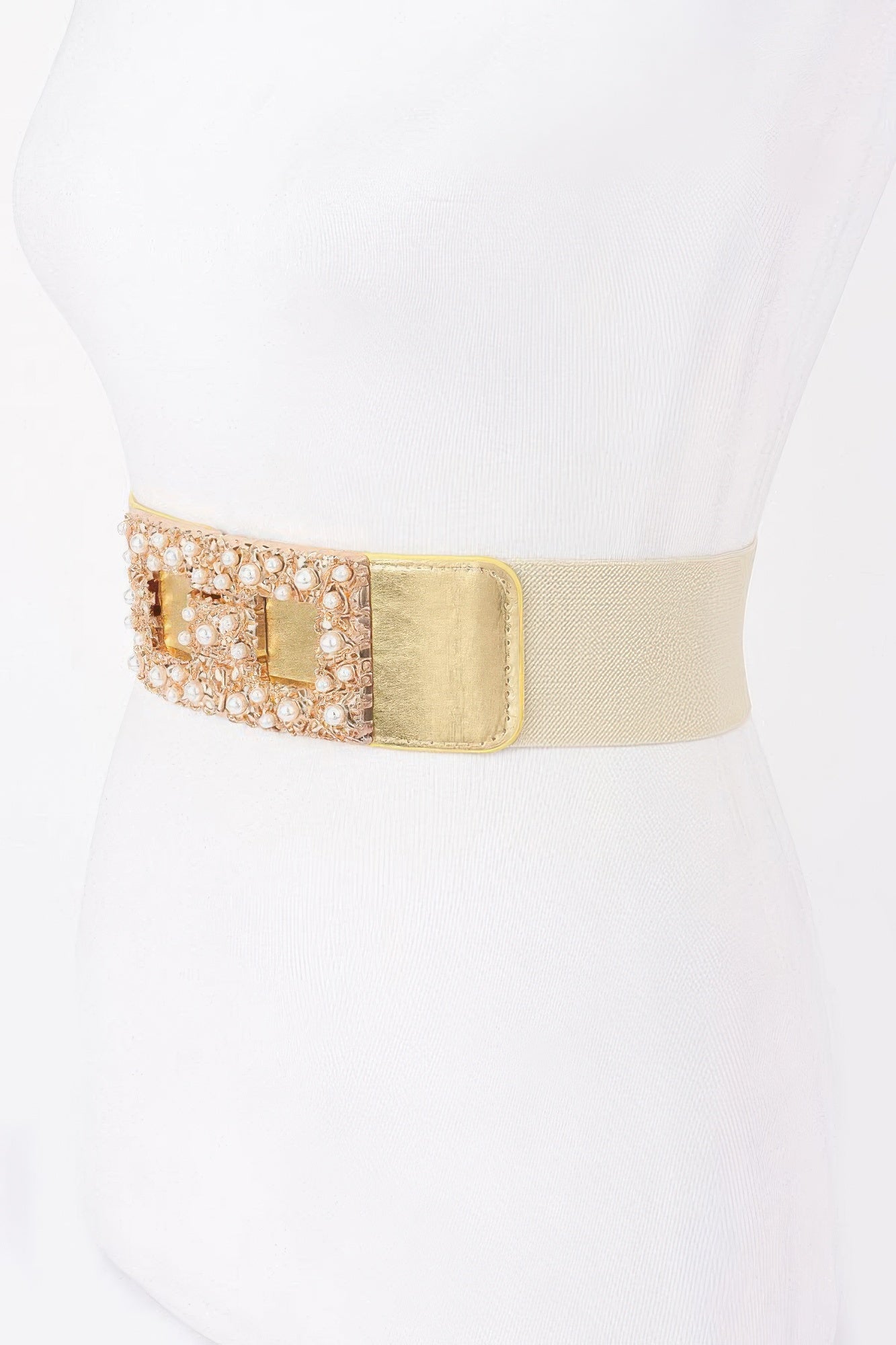 Pearl metal buckle elastic belt, gold-tone buckle with pearl-like embellishments
