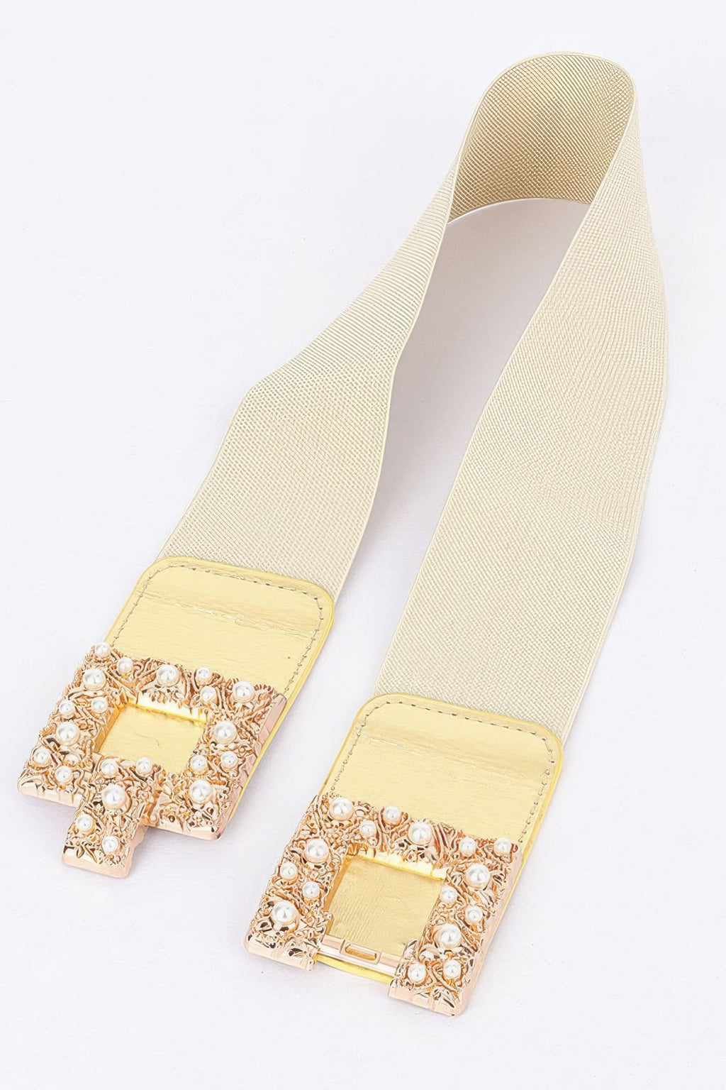 Pearl metal buckle elastic belt, camel with rhinestone-and-pearl style buckle