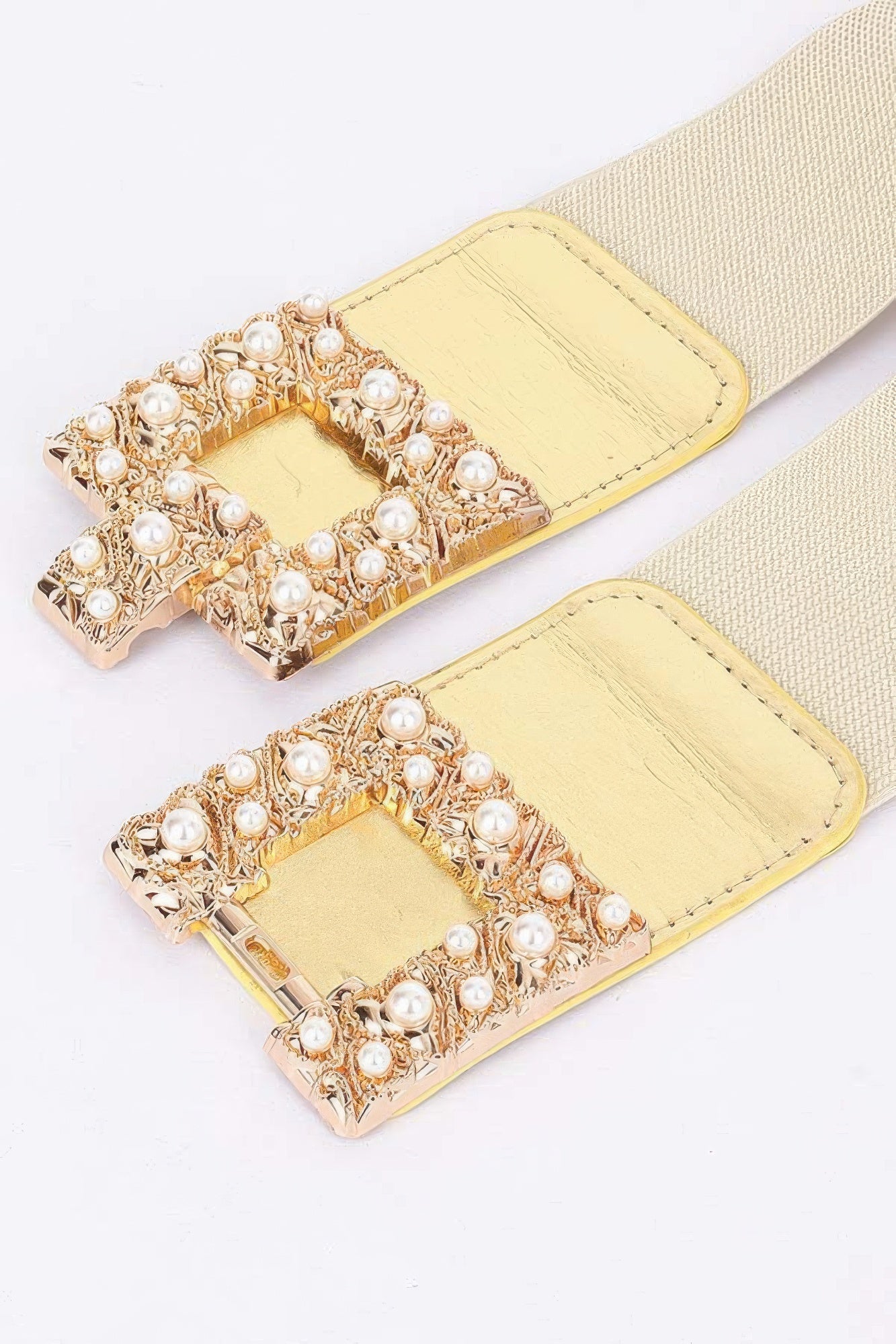 Camel elastic belt with large square rhinestone-and-pearl metal buckle