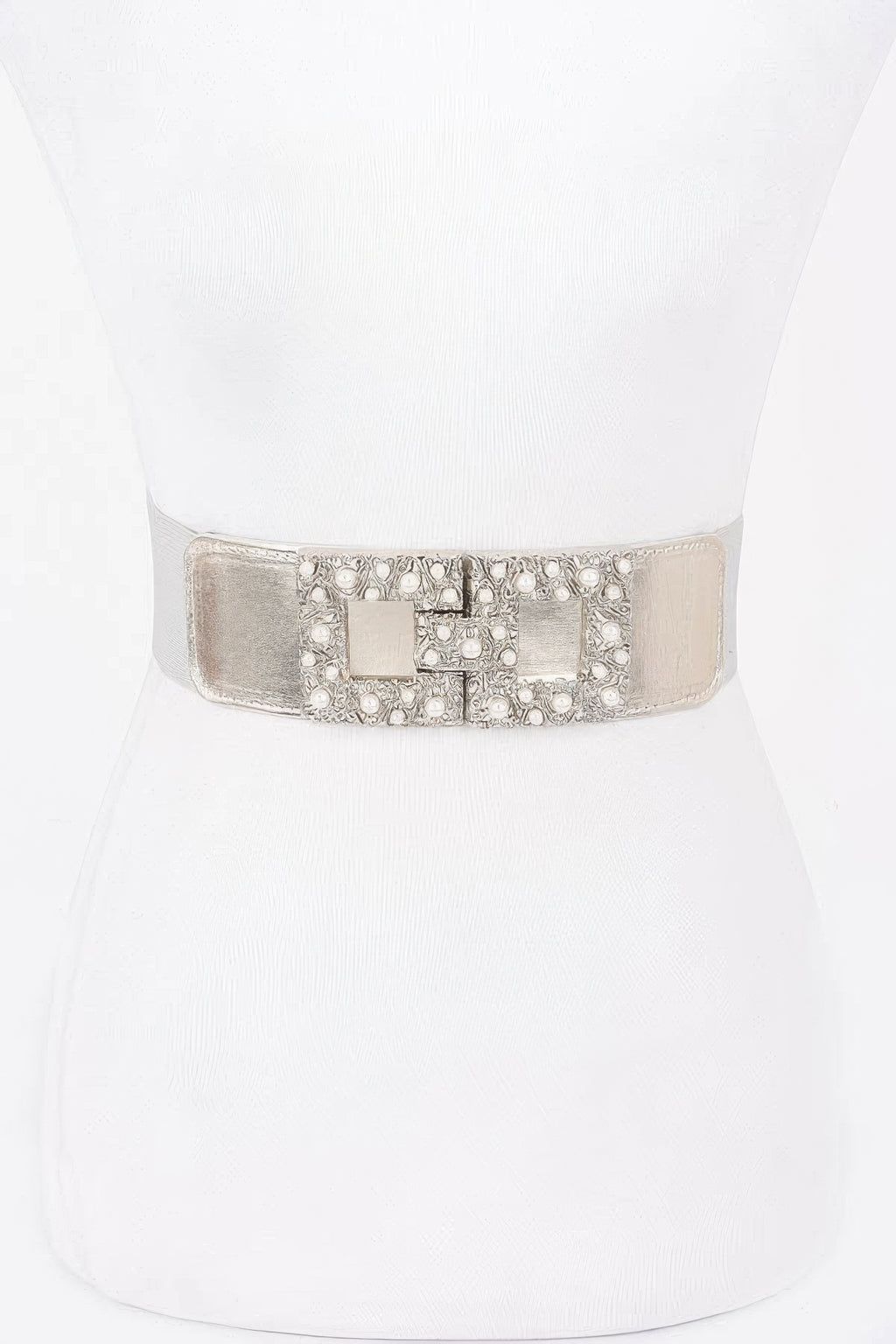 Pearl metal buckle elastic belt, silver-tone buckle with pearl-like details
