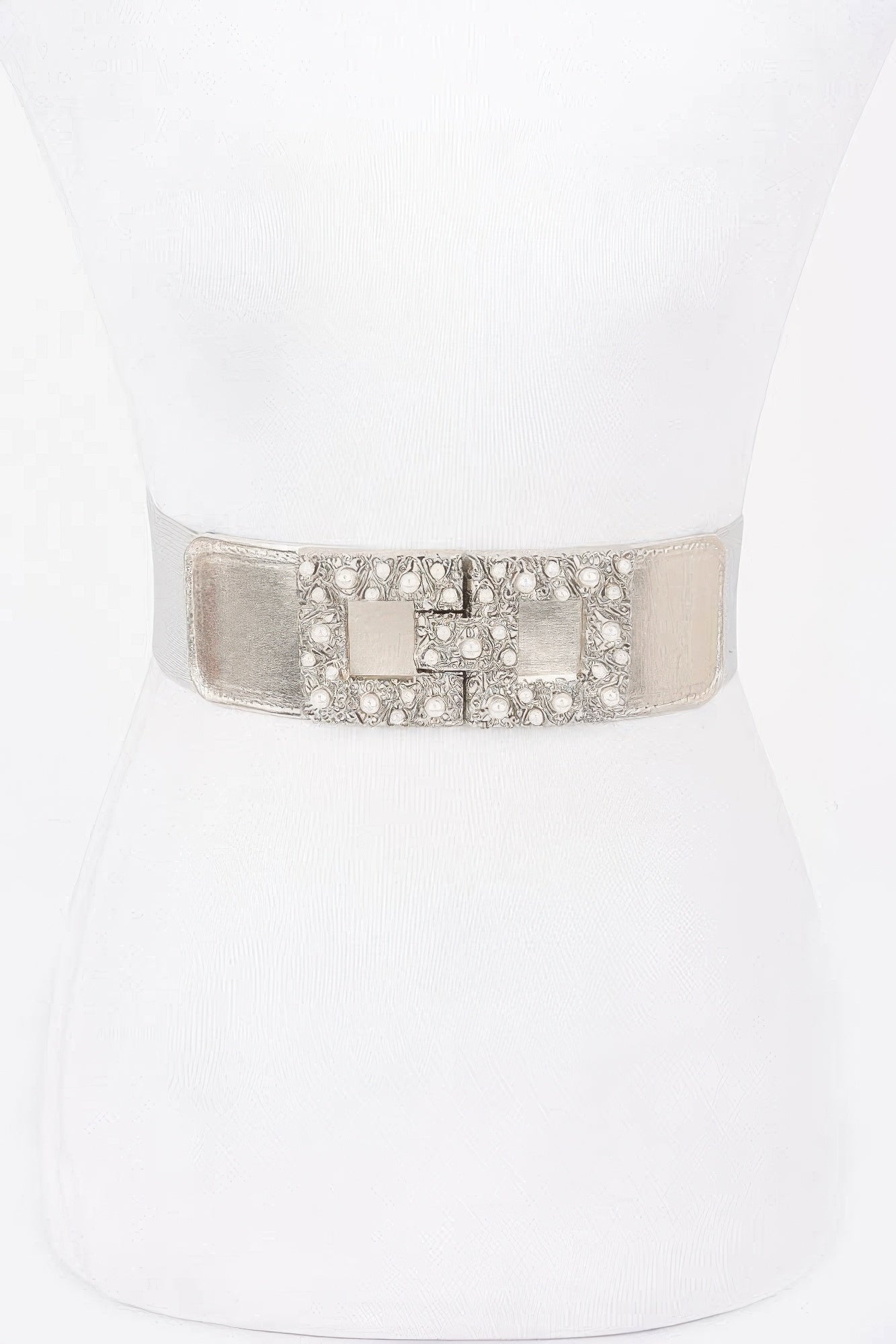 Pearl metal buckle elastic belt, silver-tone buckle with pearl-like details