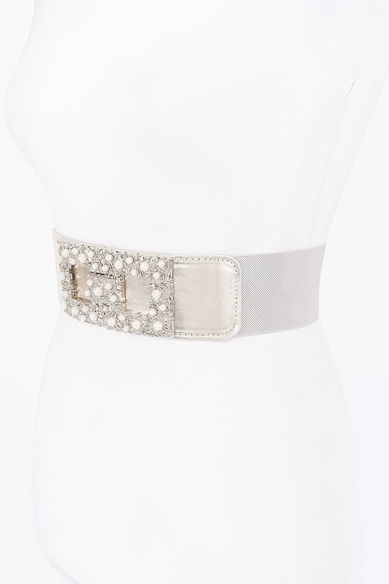 Pearl metal buckle elastic belt, silver buckle panel with pearl-like embellishments