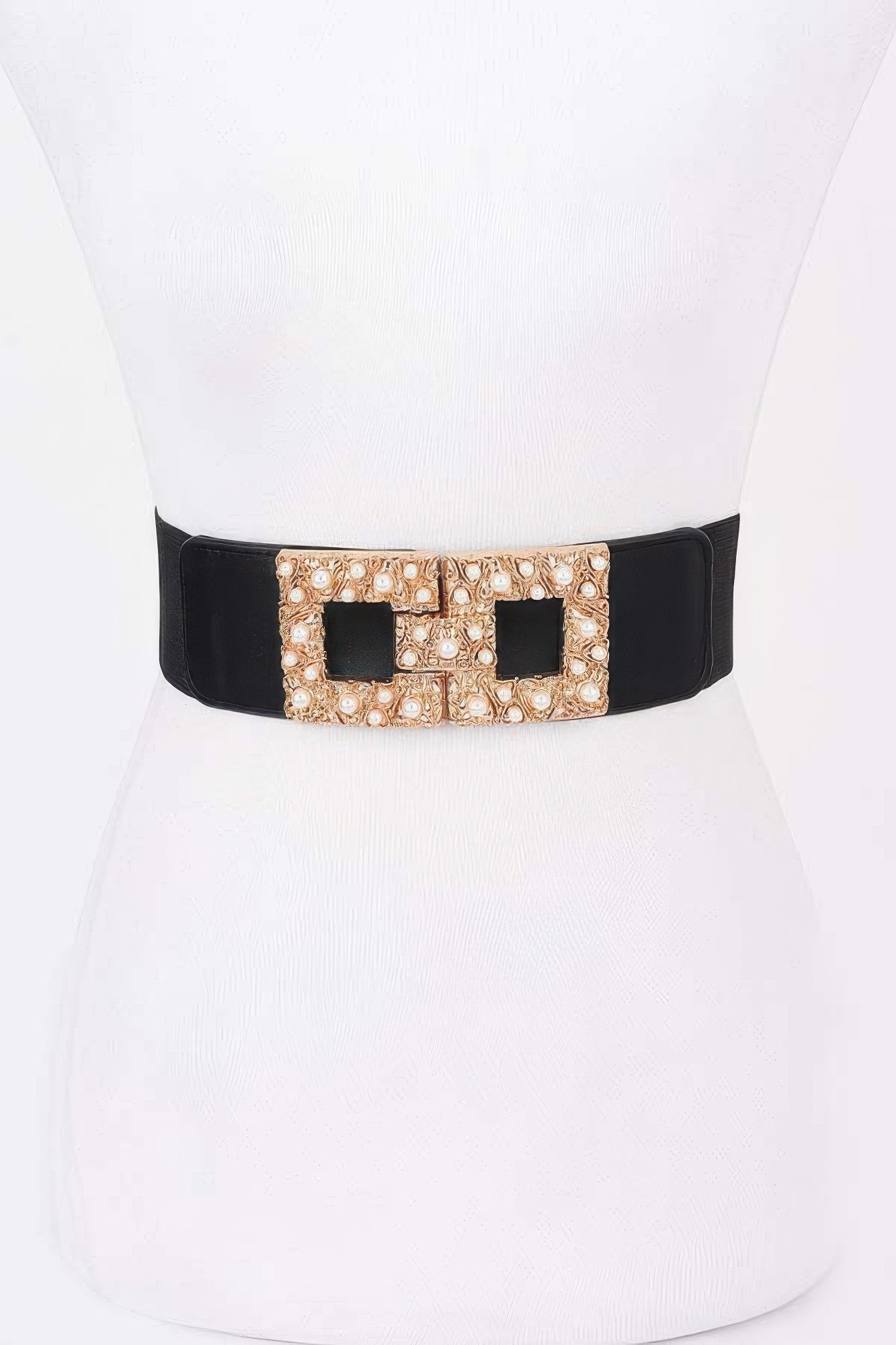 Pearl metal buckle elastic belt, black strap with gold-tone pearl buckle