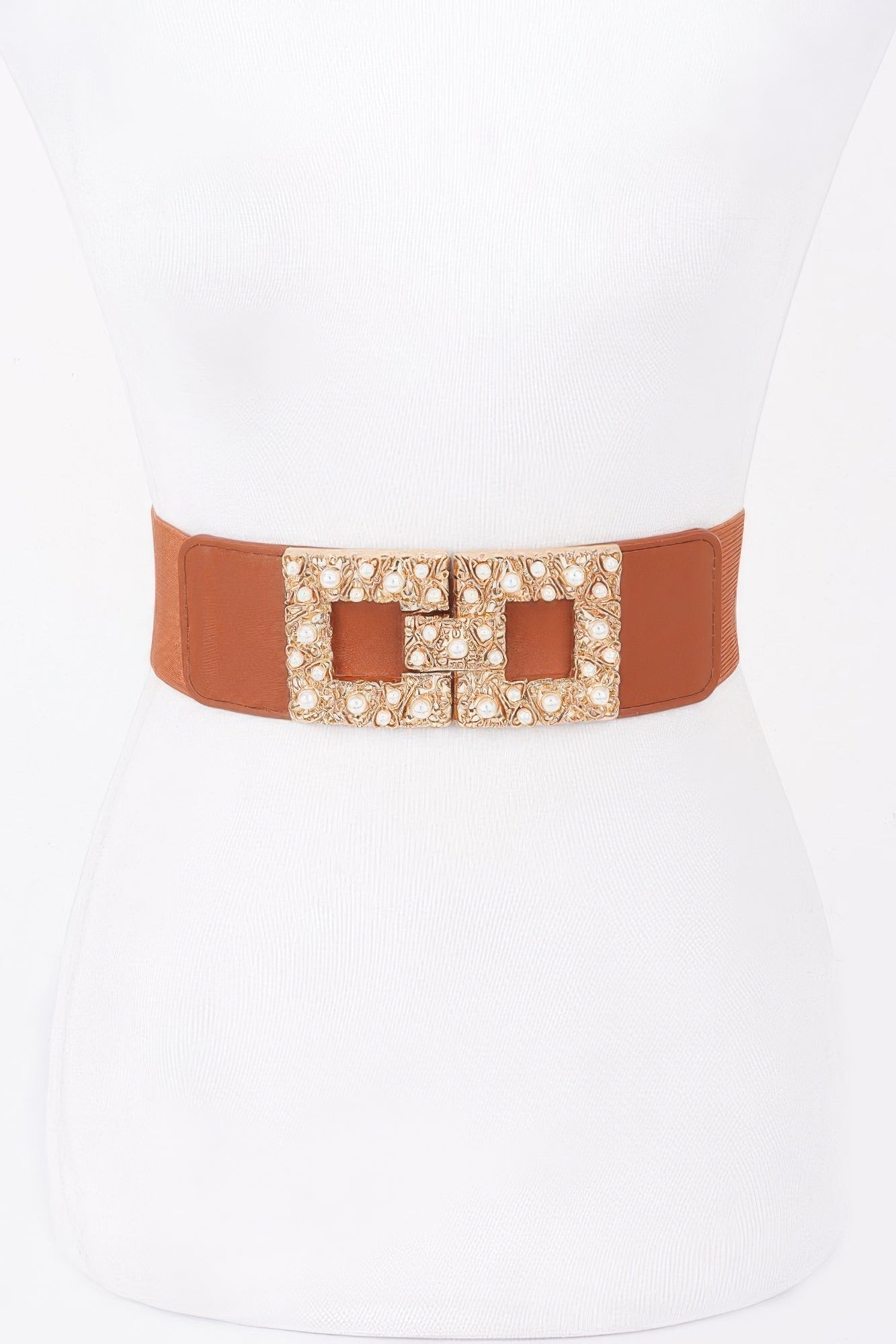Pearl metal buckle elastic belt, camel-orange strap with ornate pearl-like buckle
